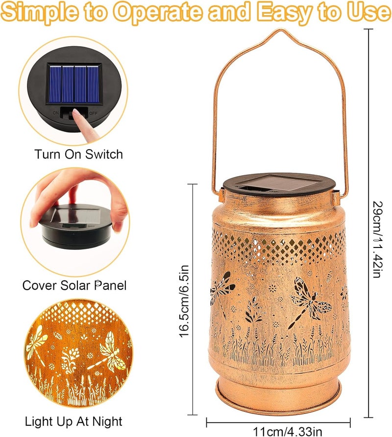 SANDECO 2 Pack Solar Lanterns Outdoor Waterproof Dragonfly Garden Decor, Gifts for Women Mom Grandma Birthday, Hanging Solar Lights Metal LED Decoration with Shepherd Hook Outside for Yard Patio Lawn Porch - Image 5